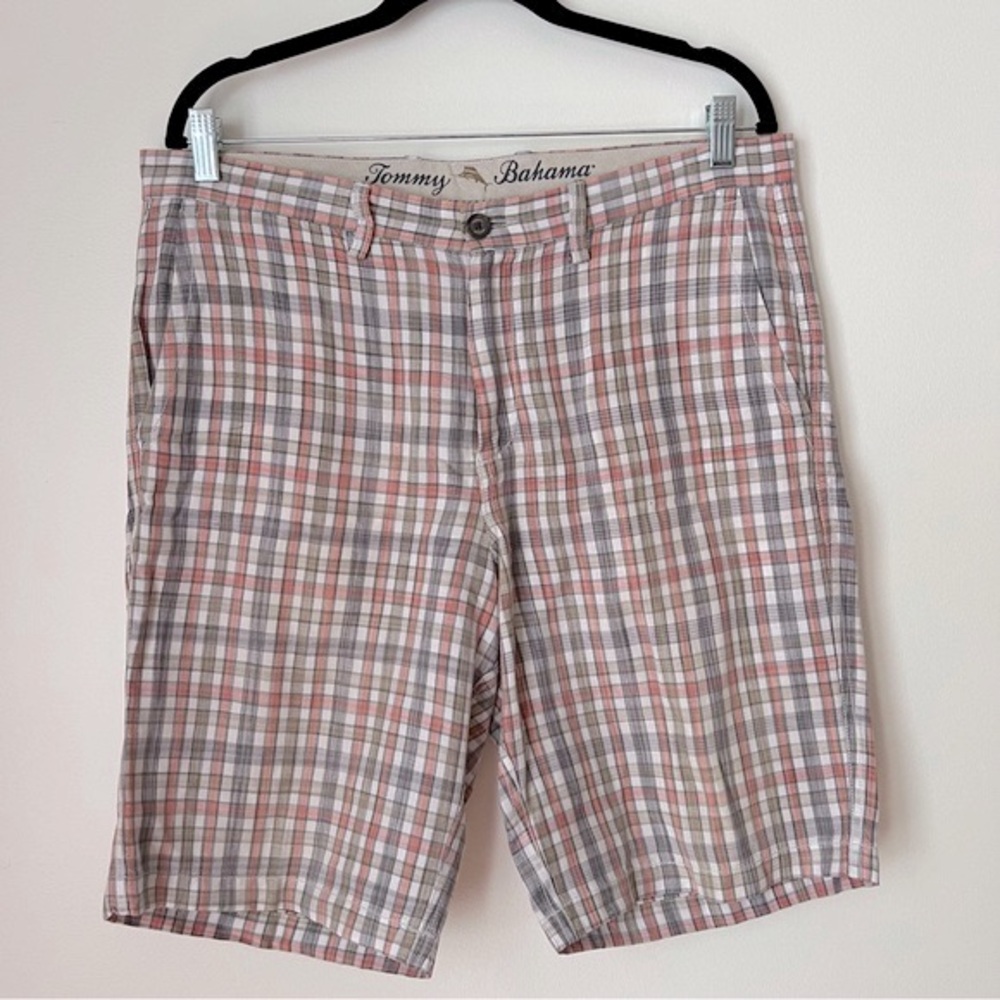 Tommy Bahama Linen Tencel Pastel Plaid 10" Beach Coast Weekend Shorts size 34